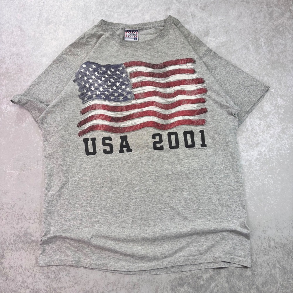 Sonoma USA 2001 American Flag T Shirt Vintage Patriotic Distressed Large Gray